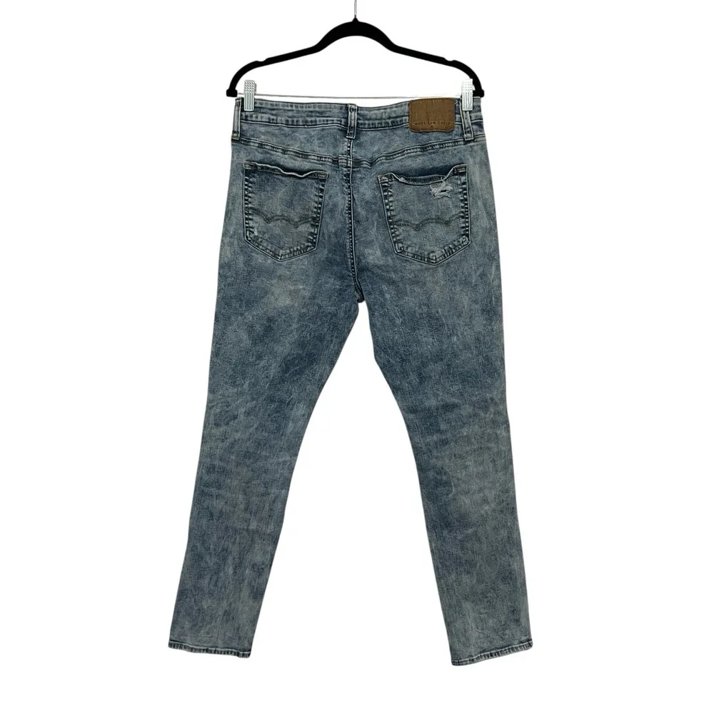 American Eagle Mens 34x30 Next Level AirFlex Skinny Jeans‎ Distressed Acid Blue